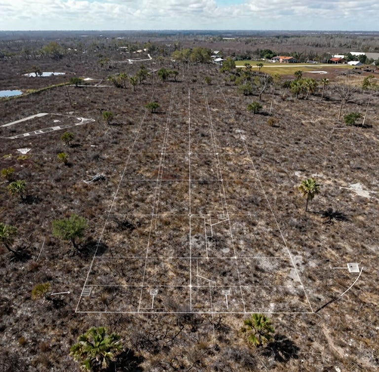 Top-down orthomosaic drone map of a dry Florida scrub parcel, showing precise technical mapping lines, high clarity, midday overcast lighting.