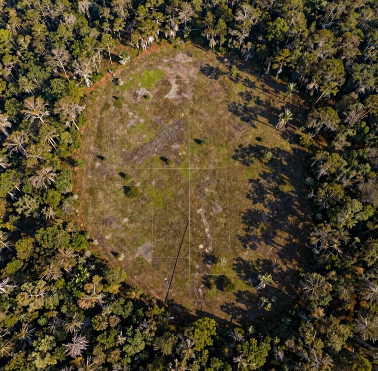 Top-down orthomosaic aerial drone photography of raw Central Florida pine flatwoods and parcel boundaries, crisp morning light, high-clarity view showing land topography and transitional zoning edges.