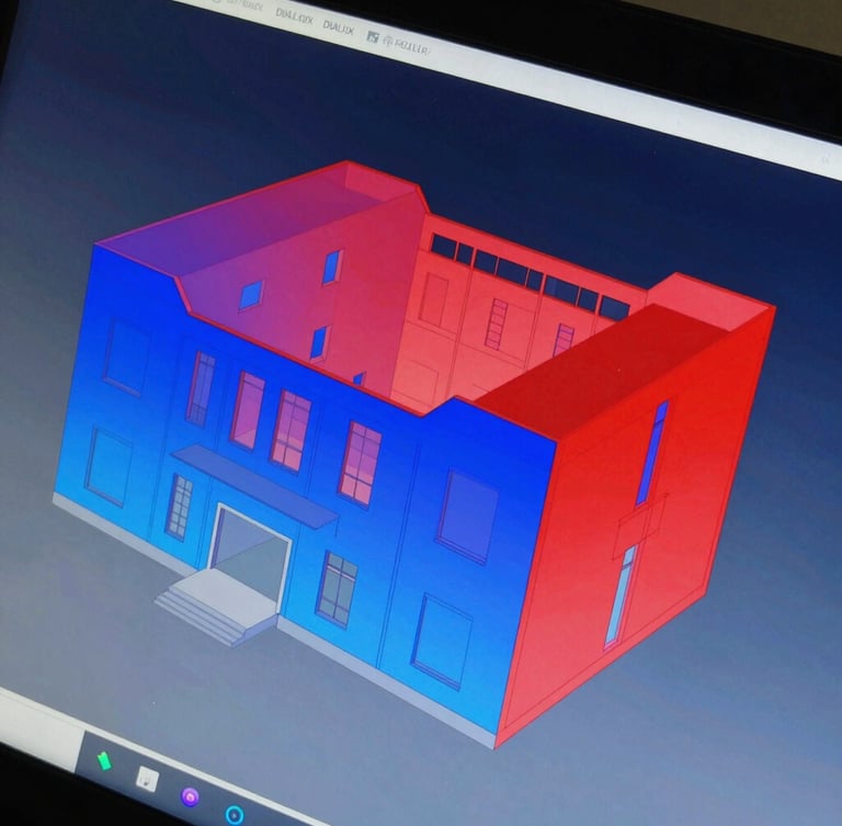 Capture d'écran technique d'une simulation photométrique DIALux en fausses couleurs, dégradés du bleu au rouge représentant l'intensité lumineuse sur un plan architectural 3D.
