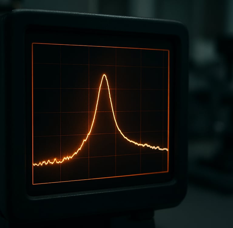 Close-up of a digital spectrometer screen displaying a crisp spectral distribution graph, glowing warm amber and pure white lines against a dark background, laboratory environment, technical precision.