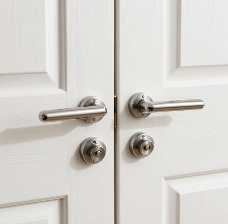 Close-up of a perfectly installed modern door handle and deadbolt on a clean wooden door, bright natural daylight, sharp professional photography, 35mm