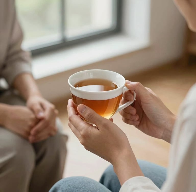 Hands holding a warm cup of tea during a supportive counseling session, soft daylight from a window, peaceful atmosphere.