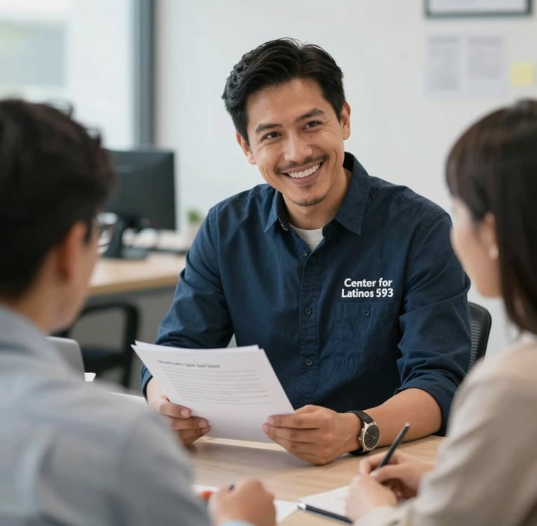 Smiling professional man from Center for Latinos 593 discussing a document with colleagues in an office.