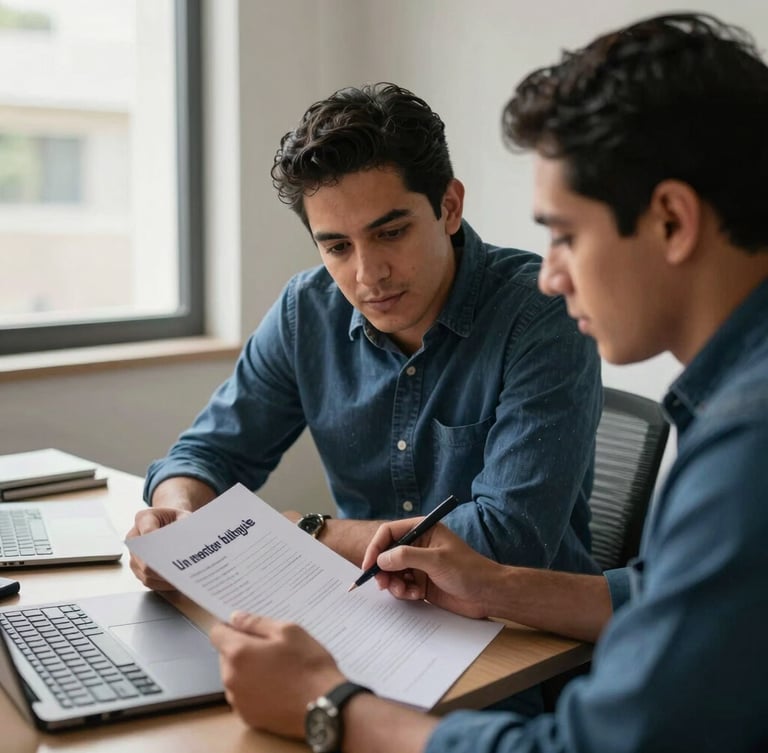 Two professional men collaborating in an office while reviewing a business document near a laptop.