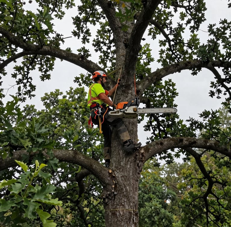 Low-angle shot of a certified arborist in high-visibility safety rigging operating a chainsaw in a mature oak tree, natural overcast daylight, 35mm
