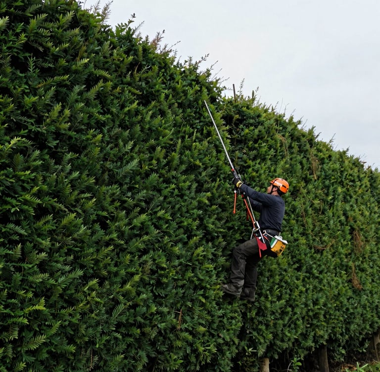 Side view of a professional arborist using long-reach hedge shears to trim a perfectly straight, dense boxwood hedge, crisp morning light, sharp geometric lines, 35mm.