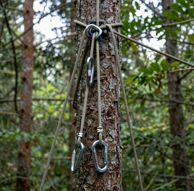 Close-up of high-tensile safety rigging ropes and steel carabiners attached to a thick tree trunk, professional arborist gear, natural daylight, sharp focus.