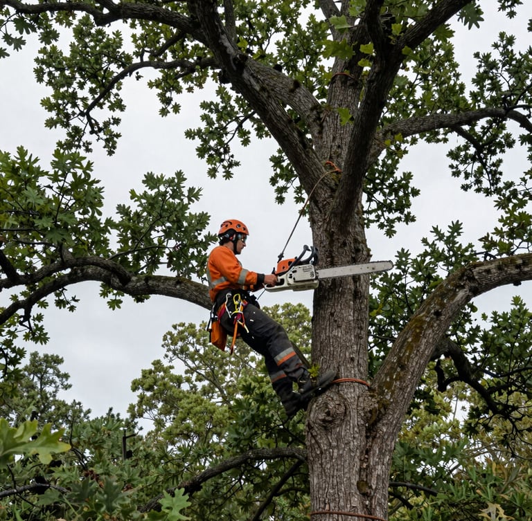 Low-angle shot of a professional arborist in high-visibility safety gear operating a chainsaw in a mature oak tree, natural overcast daylight, 35mm