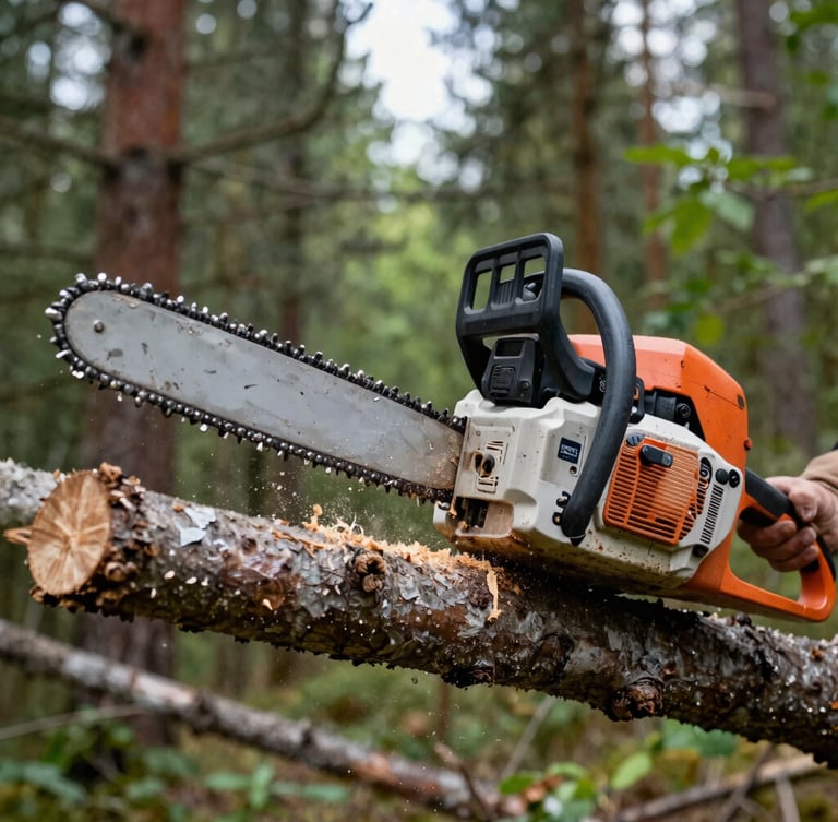A sharp close-up of a chainsaw cut on a thick branch, with clean timber texture and sawdust, natural overcast daylight, 35mm