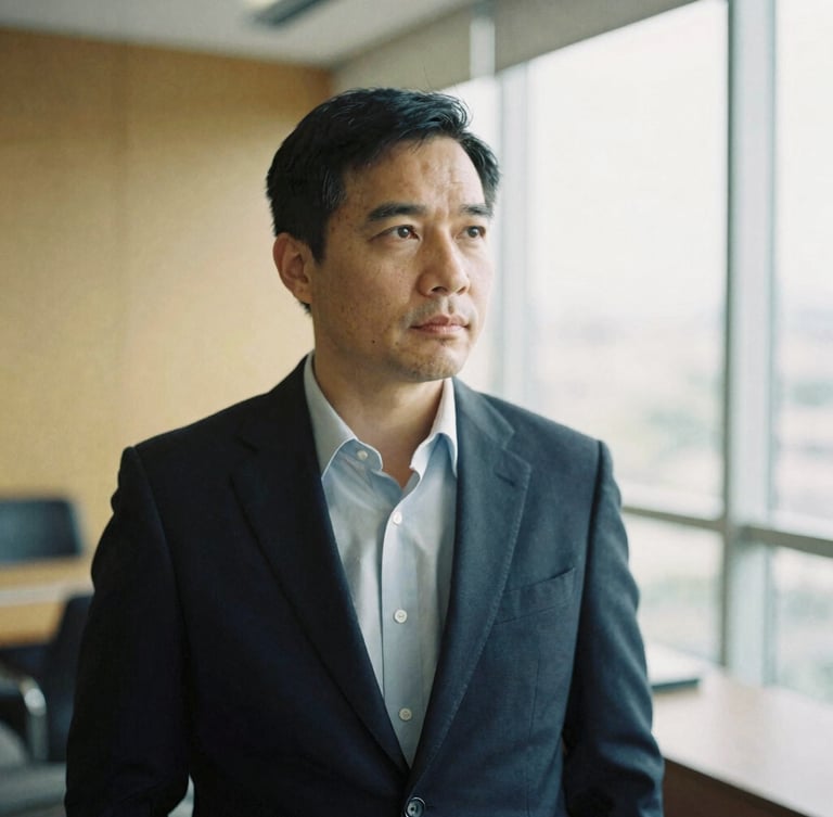 An editorial portrait of a thoughtful financial advisor in a modern office, editorial film photography, soft natural window light, muted navy and gold tones, shallow depth of field, 35mm.