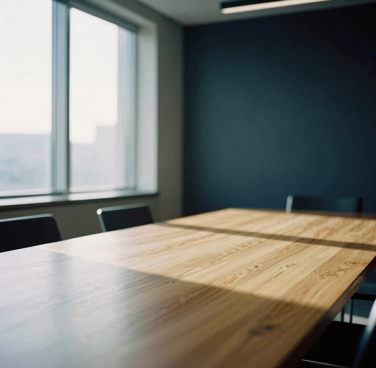 A quiet, sunlit modern executive boardroom with a large oak table, soft morning light filtering through high windows, minimal architectural lines, shallow depth of field, 35mm film style.