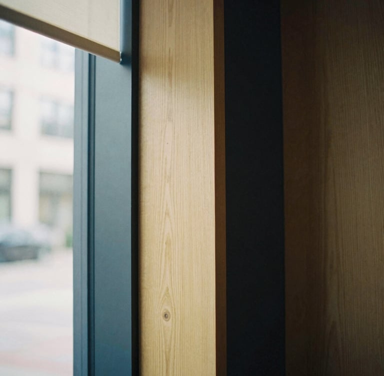 Architectural detail of a modern, quiet private banking office in Minnetonka, soft natural window light, warm oak wood and deep navy tones, shallow depth of field, editorial film photography, 35mm