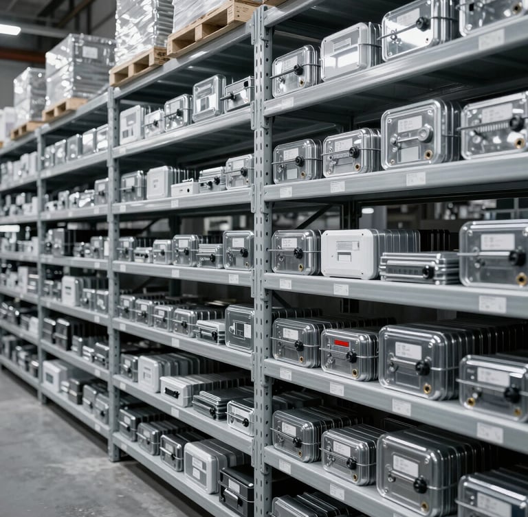 Wide-angle crisp industrial photography of neatly organized warehouse racks, high-contrast cool-toned lighting, endless rows of spec-grade hardware inventory