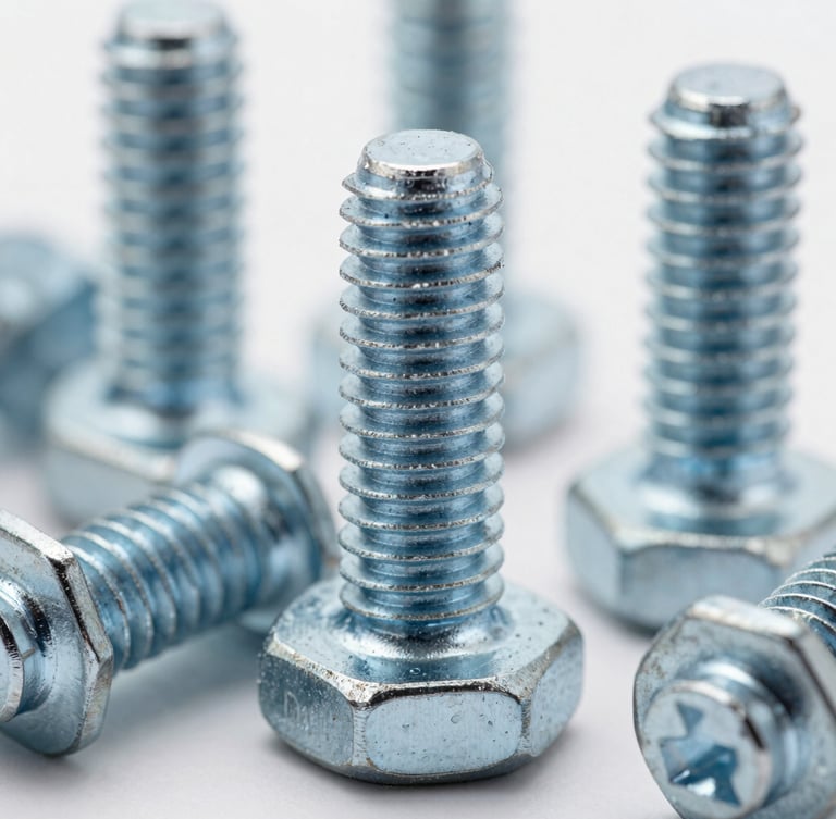 Macro detail shot of heavy-duty high-tensile steel fasteners and bolts, cool metallic tones, sharp technical focus, industrial warehouse setting