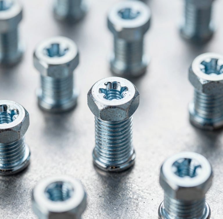 Macro detail shot of high-tensile steel fasteners and hardware on a clean industrial metal surface, crisp studio lighting, cool metallic tones