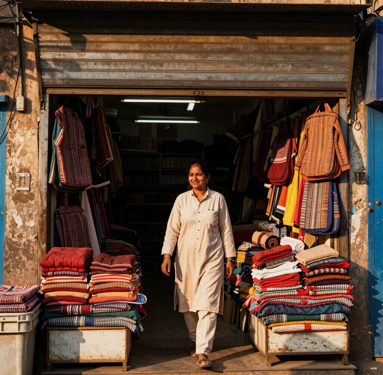 Medium shot of an authentic local boutique owner smiling outside her shop in Rajouri Garden, warm golden hour light, rich tones