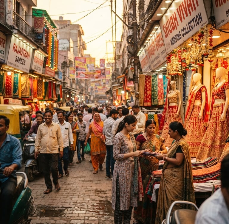Vibrant street market in Tilak Nagar at golden hour, colorful bridal shopfronts with mannequins in traditional attire, active shoppers, warm ambient light, 35mm lens.