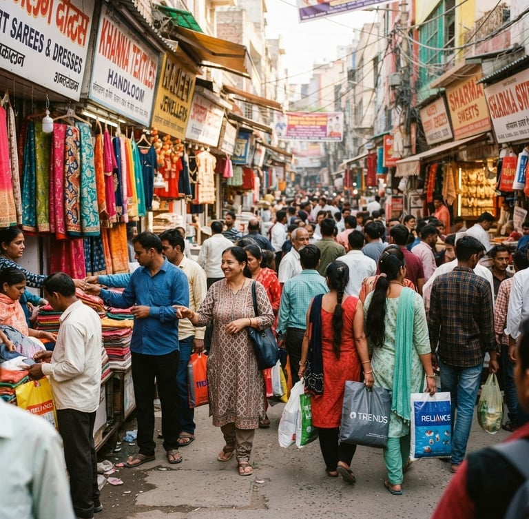 Vibrant street photography of Rajouri Garden's main market lanes, bright natural daylight, bustling shoppers, colorful shopfronts, 35mm lens