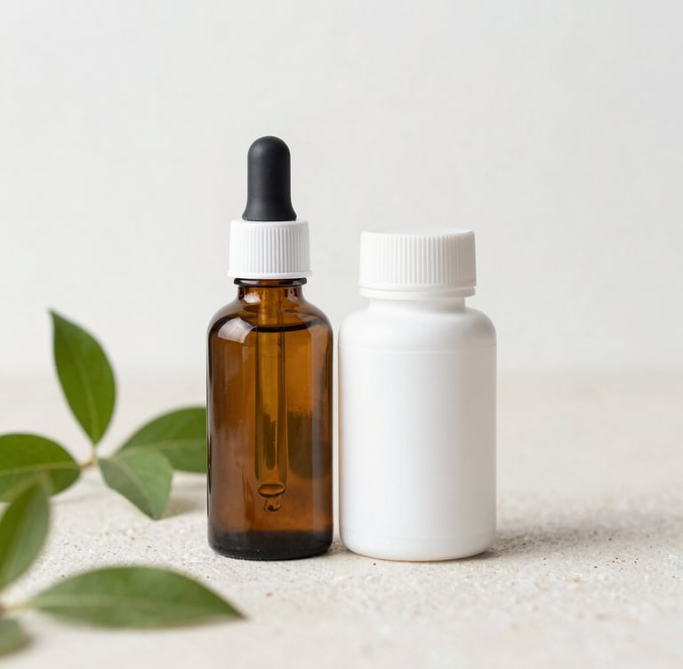 Clean product mockup of a dark amber glass dropper bottle and a white capsule bottle side by side on a light stone surface, herbal green leaves, soft shadows