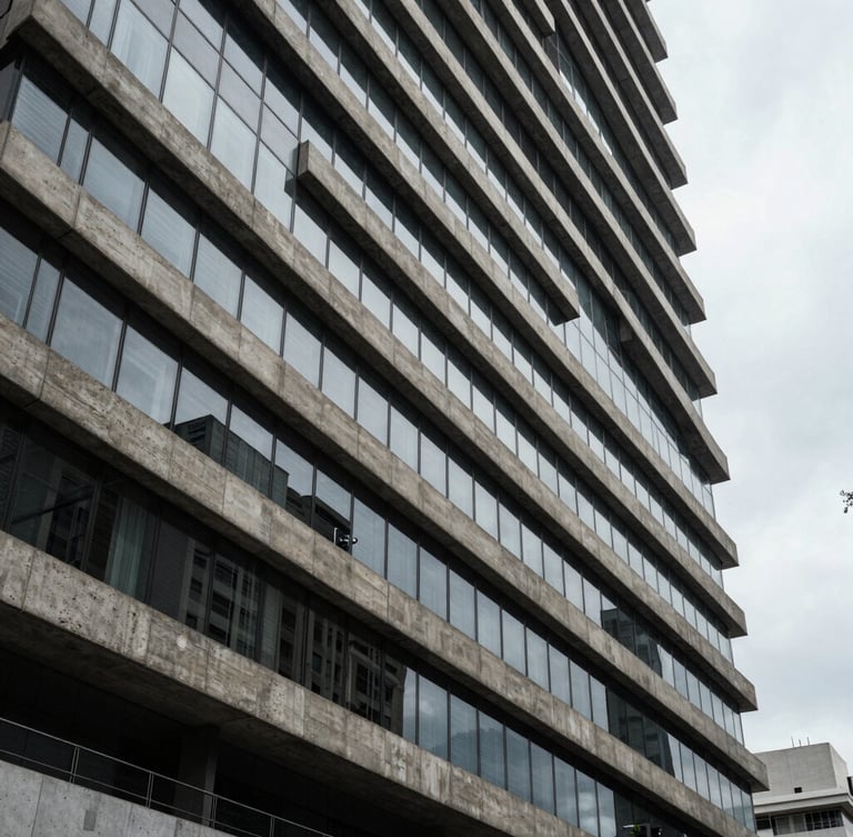 Abstract architectural lines of a modern concrete and glass corporate headquarters in São Paulo, sharp shadows, cool overcast daylight, high-end editorial framing.