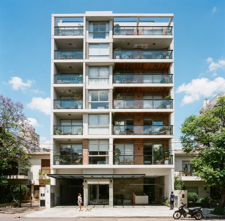 Modern residential apartment building facade in Barrio Norte, San Miguel de Tucumán, bright natural daylight, clean architectural lines, realistic photography, 35mm
