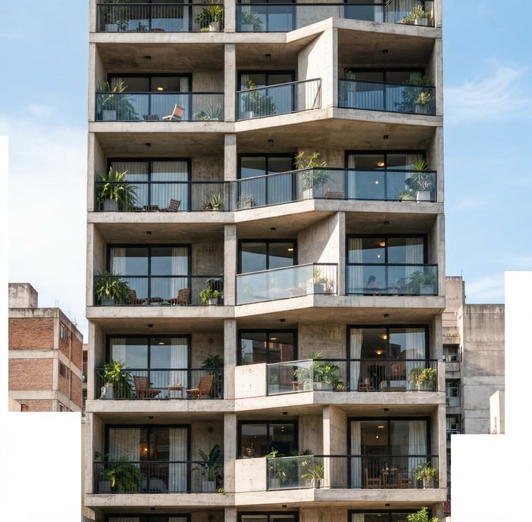 Modern residential building facade in Barrio Norte, Tucumán, clean concrete lines, bright natural daylight, vertical architectural crop, 35mm