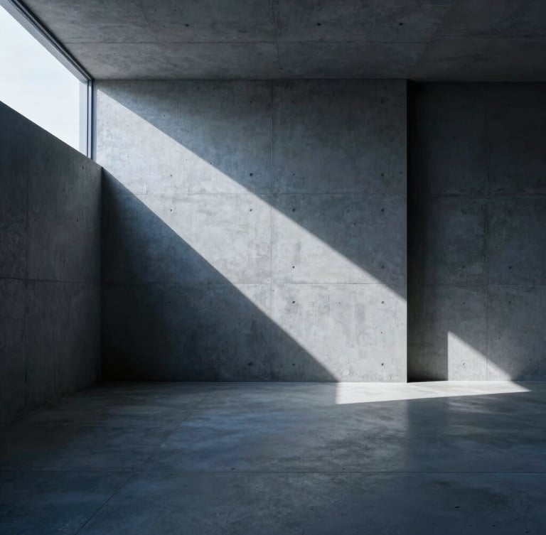 Wide-angle architectural view of a minimalist concrete design studio, sharp geometric shadows, cool blue and charcoal ambient lighting, high contrast