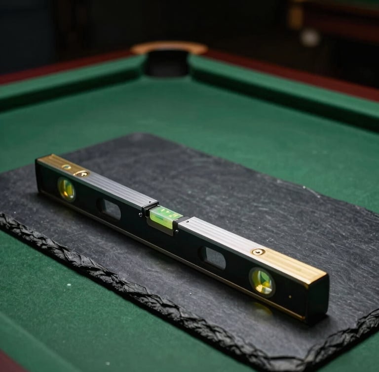 Macro photograph of a heavy slate billiard table frame during installation, precision levels placed on the smooth dark slate, dramatic low-key overhead lighting, rich forest green accents in background, 35mm
