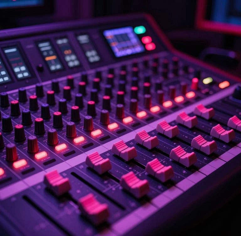 Close-up of a modern digital audio mixing console with glowing fuchsia and violet faders in a dark professional studio, portrait aspect