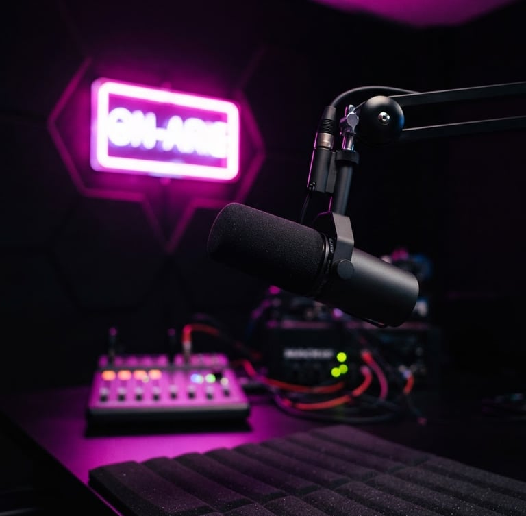 Close-up of a modern professional broadcasting microphone in a dark radio studio, glowing fuchsia and violet on-air light in the background, vibrant digital photography, high-contrast neon lighting