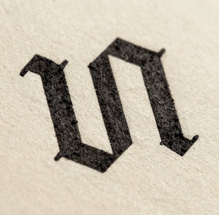 Macro shot of deep black ink pressed onto textured warm cream paper, showing the physical texture of typographic ligatures under soft natural daylight.