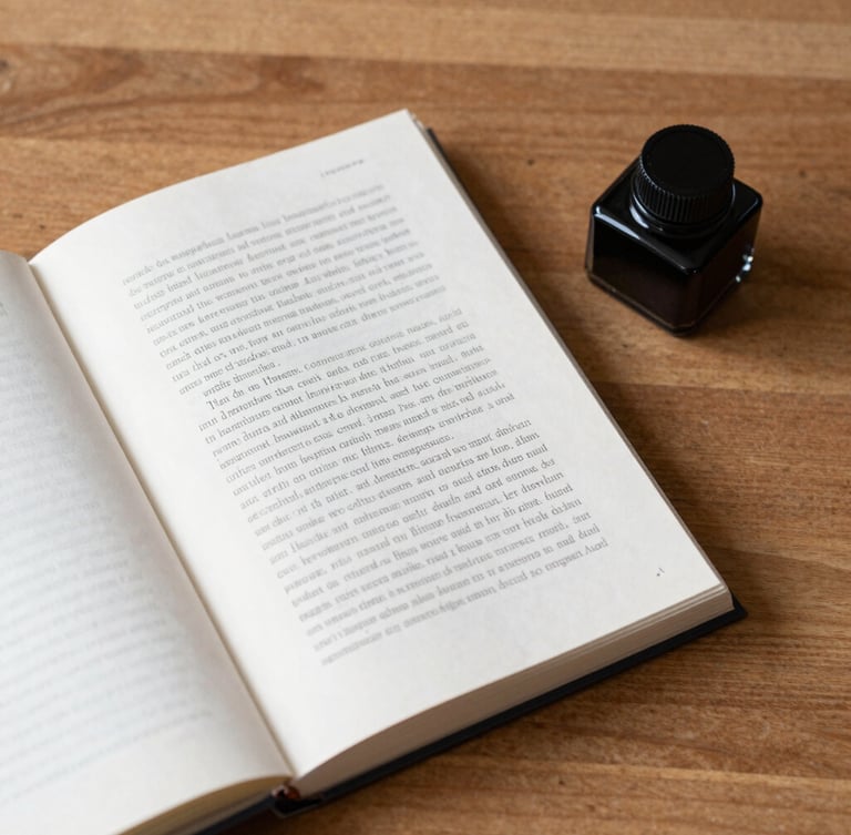 Minimalist overhead shot of a designer's desk, featuring an open typography specimen book and a single black ink well on a warm wooden surface.