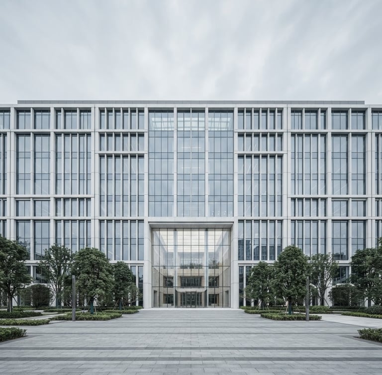 Wide panoramic shot of a modern, high-end corporate building facade, symmetrical composition, soft overcast daylight, desaturated cool tones, structural concrete and glass, no people or visible branding