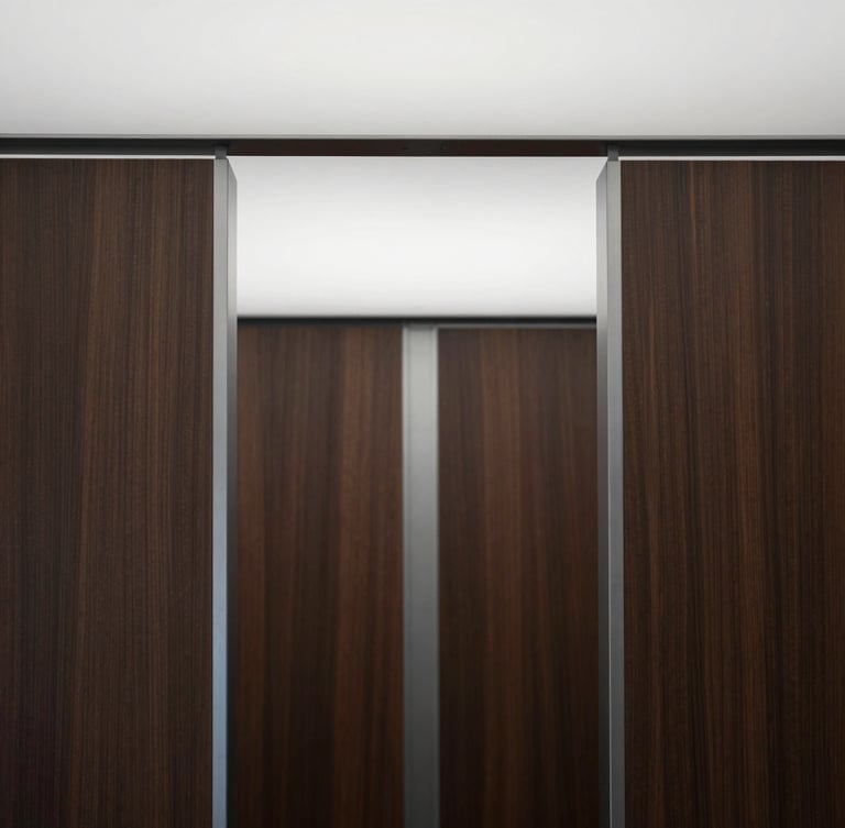 Close-up of a minimalist office interior, showing high-quality materials like dark wood and polished steel, soft architectural lighting, symmetrical framing, no people