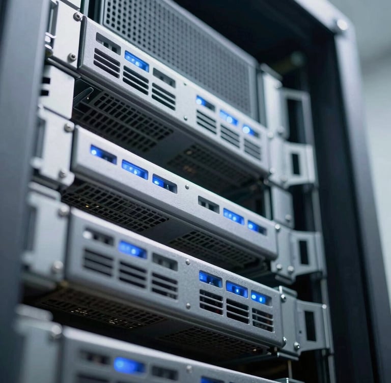 Extreme macro detail of clean server rack infrastructure, cool clinical daylight, sharp orthogonal angle, structural steel and blue status lights.
