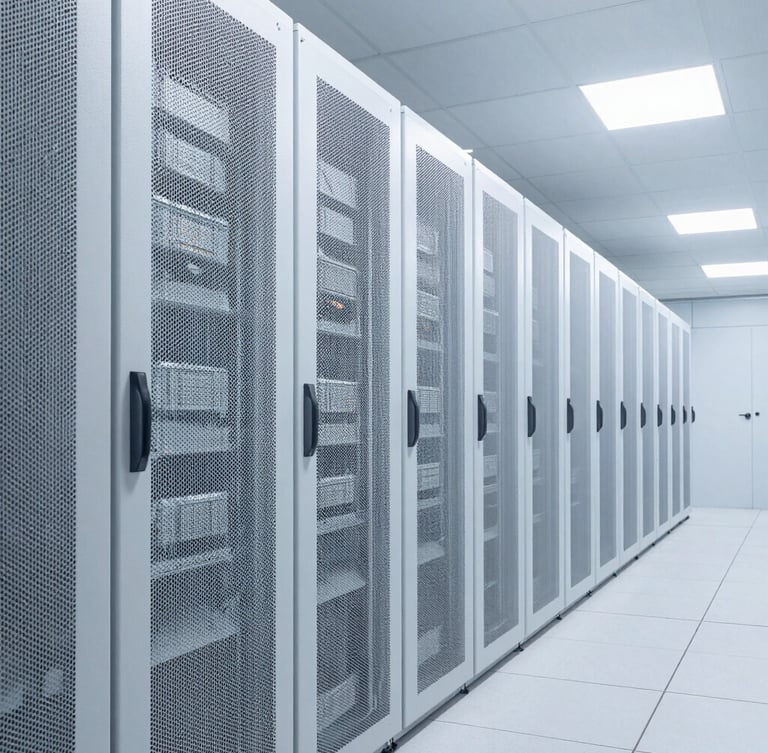 Orthogonal wide shot of a clinical, white server corridor, cool even daylight, structured metallic cable trays, architectural perspective.