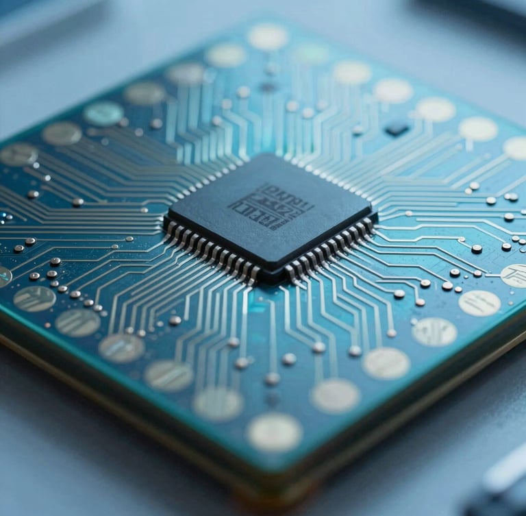 Extreme close-up macro photograph of a silicon wafer microchip under clinical blue-tinted daylight, precise geometric circuit pathways, high-altitude orthogonal angle.
