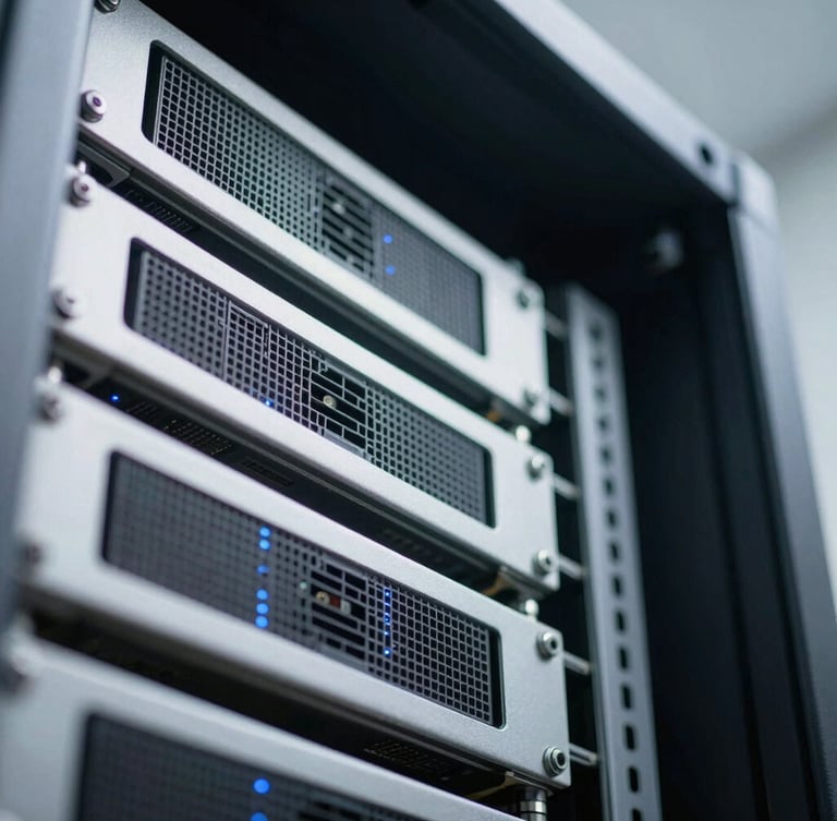 Extreme macro detail of server rack infrastructure, cool clinical daylight, orthogonal architectural angle, clean physical metal frames with subtle blue indicator lights.