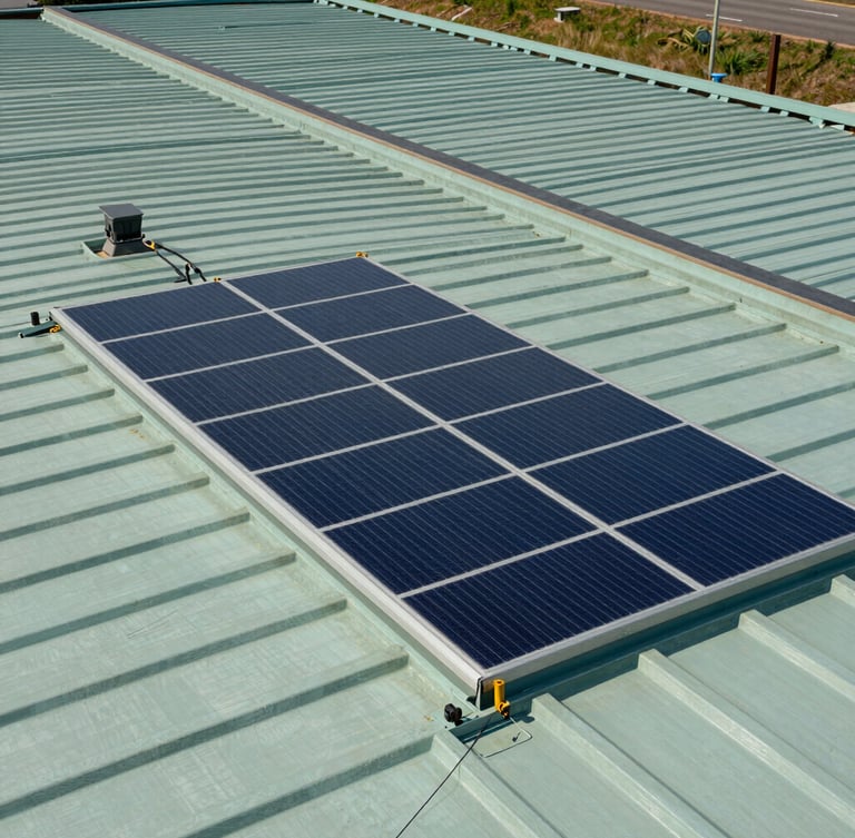 Plano técnico cenital de una cubierta industrial optimizada con geometría solar regular y limpia, renderizado en tonos azulados y verde de alta precisión.