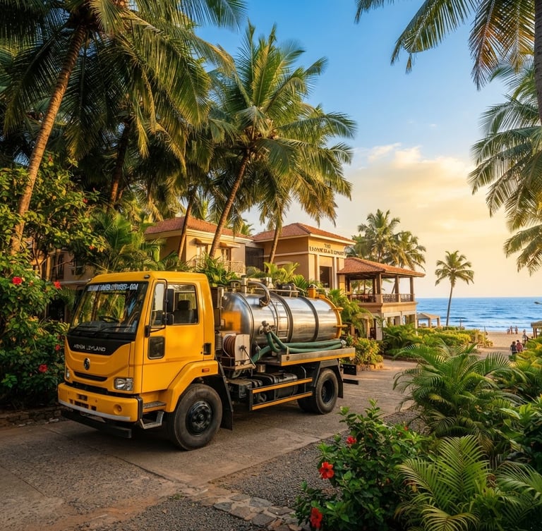 Low-angle cinematic shot of a clean, modern yellow vacuum tanker truck parked discreetly near a luxury beachfront resort in Goa, framed by lush green coconut palms and a vibrant blue sky, warm golden-hour tropical sunlight.