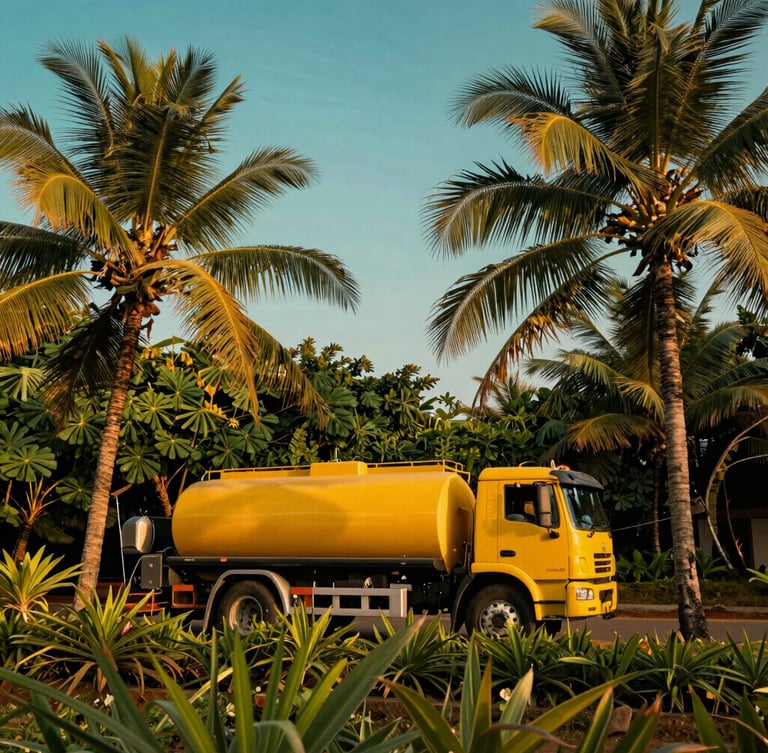 Cinematic low-angle shot of a premium yellow vacuum tanker parked discreetly behind lush green palms and tropical foliage near a luxury Goan resort, warm golden hour sunlight, rich teal sky