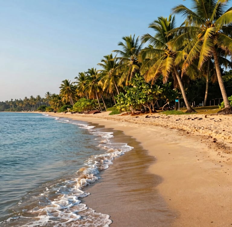 Wide environmental shot of a beautiful pristine Goan beach at golden hour, crystal-clear blue water gently lapping the shore, lined with lush green coconut trees, warm tropical sunshine.