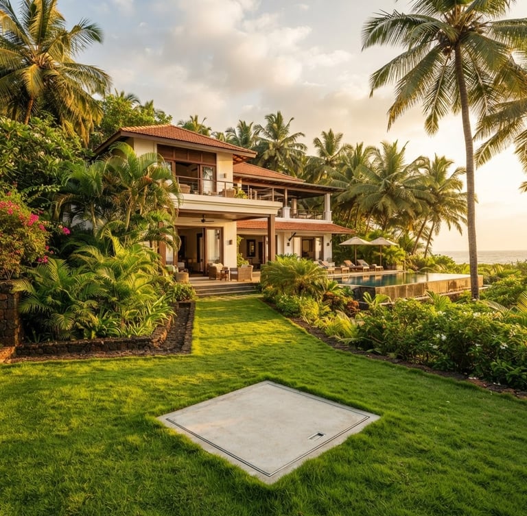 A beautiful luxury resort villa in Goa, framed by lush tropical coconut palms and green foliage, bright golden hour sunlight, with a clean concrete sub-surface access plate integrated seamlessly into the manicured lawn.
