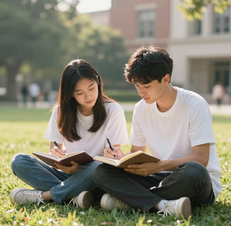 Medium shot of two students sitting on a sunny campus lawn, one writing in a journal, soft morning light, shallow depth of field, warm and natural feel.