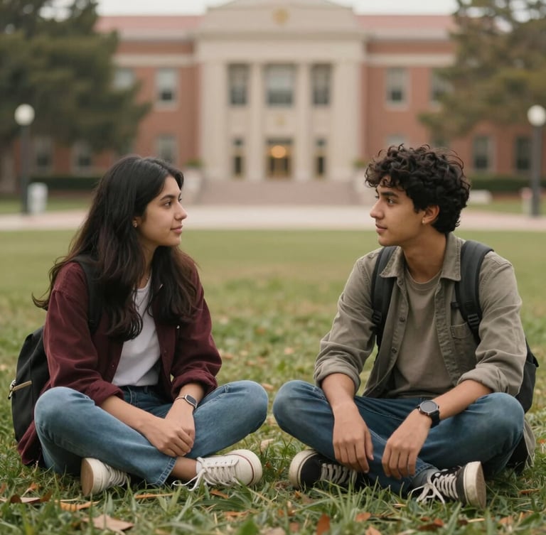 A medium shot of two student advocates sitting on a campus lawn, talking naturally, soft diffused afternoon light, warm earth tones, authentic and unposed.