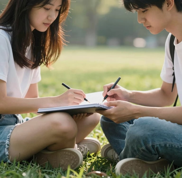 A close-up of two students sitting cross-legged on a campus lawn, sharing a notebook, soft natural morning light, shallow depth of field, warm and compassionate atmosphere.