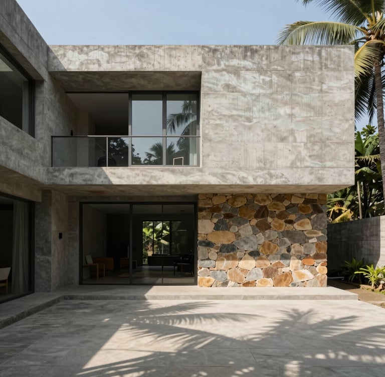 Wide-angle architectural elevation of a monolithic concrete and local basalt villa in Alibaug, harsh tropical sunlight casting deep geometric shadows across a minimalist courtyard, 35mm lens.