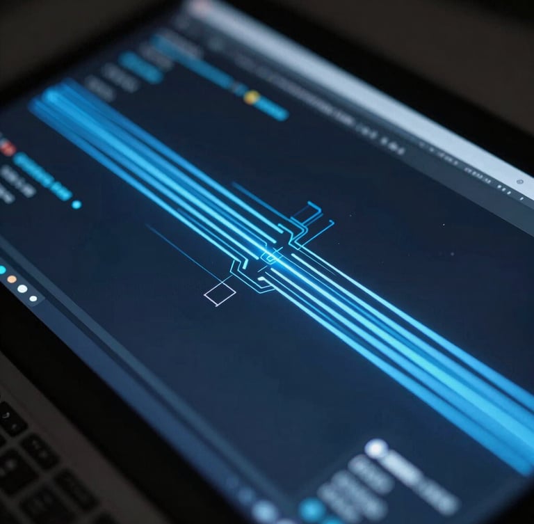Sleek dark-mode technology photography, extreme close-up of a high-fidelity software interface on a dark-mode display, glowing electric blue data streams, moody low-key neon lighting, sharp focus, high-contrast cinematic, 35mm