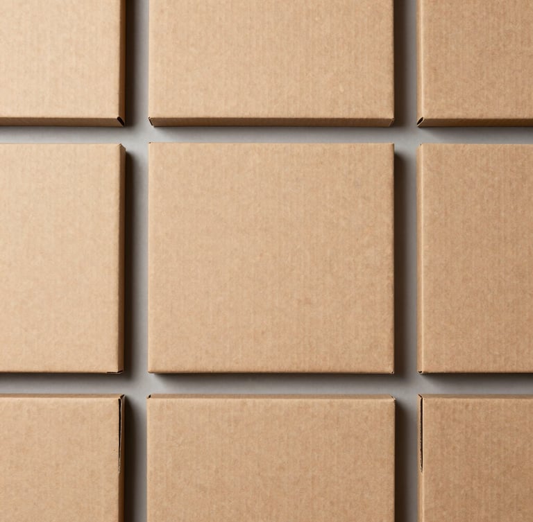 Overhead flat-lay of clean structural cardboard box folds, raw kraft paper texture, bright studio light, sharp focus, 35mm