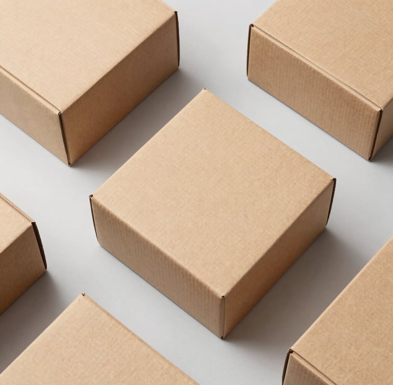 Overhead flat-lay of clean unfolded cardboard boxes, sharp structural folds, bright high-key studio lighting, raw kraft brown tones, 35mm